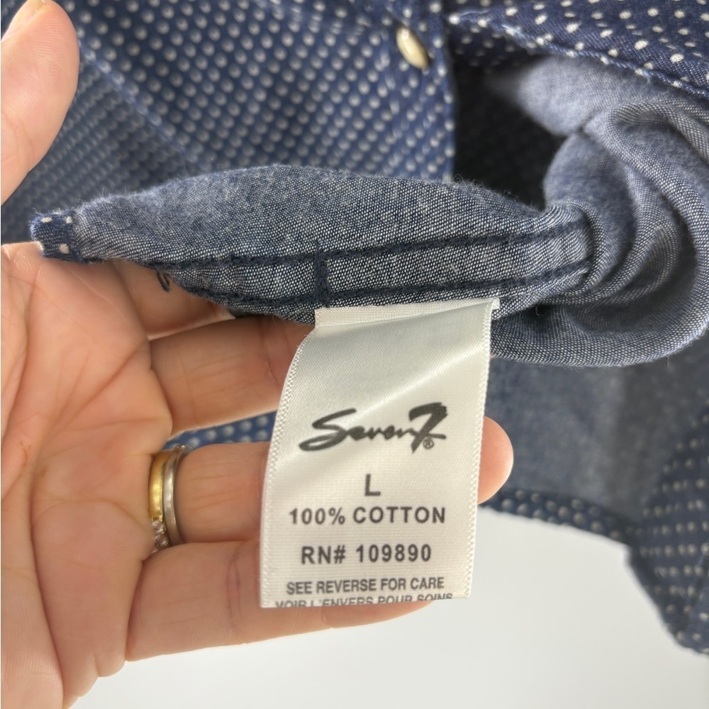 7 For All Mankind Navy Polkadot Button Up Shirt with Pearl Buttons - Picture 4 of 9